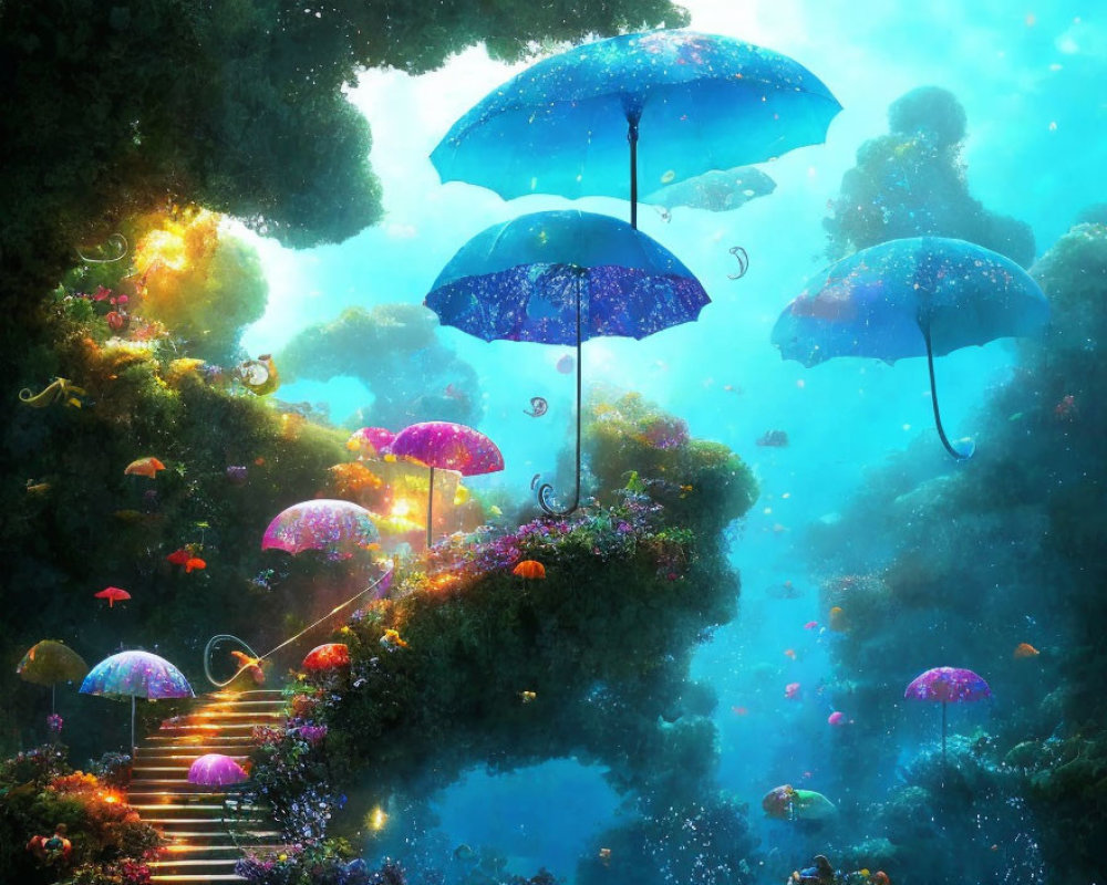 Colorful Umbrellas Floating in Enchanting Scene with Vibrant Flora and Glowing Lights