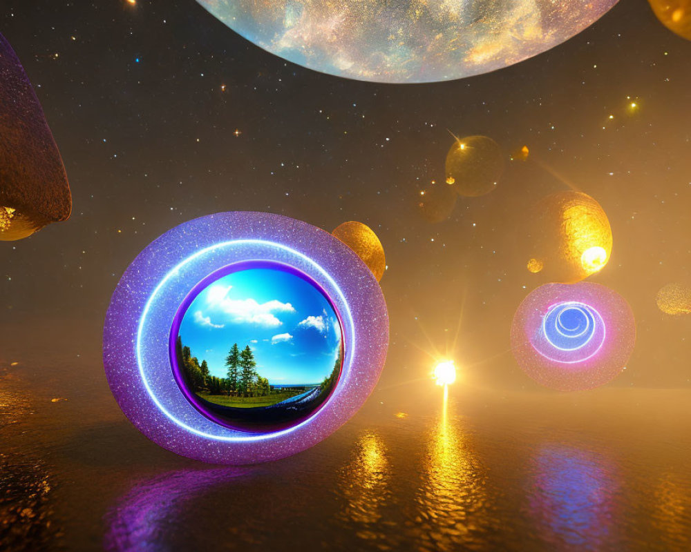 Surreal landscape with glowing portals and diverse scenes under a starry sky