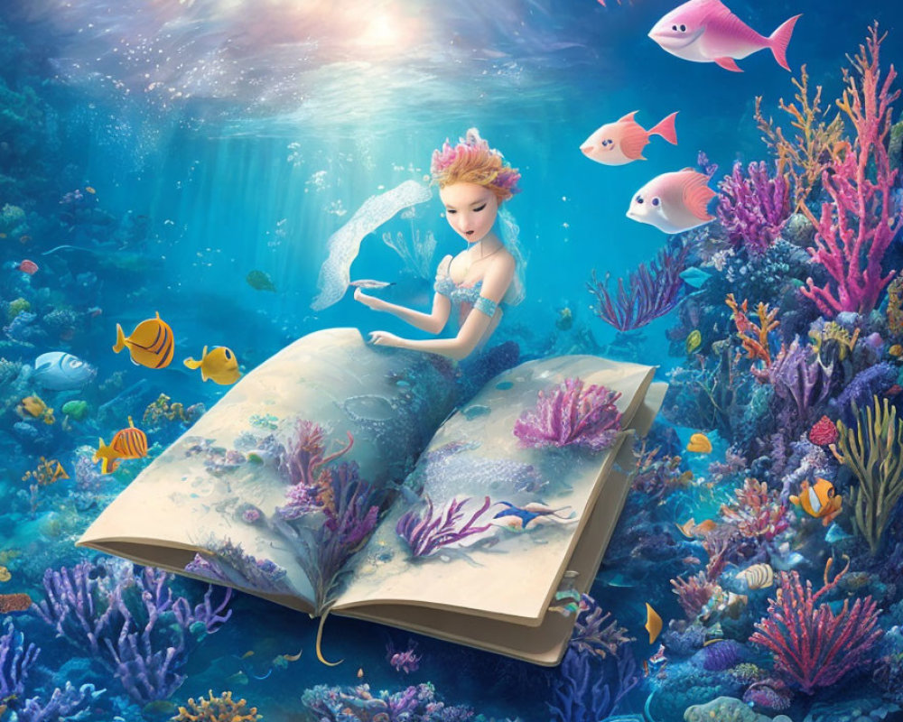 Colorful Underwater Scene: Animated Mermaid on Open Book surrounded by Fish and Coral Reef