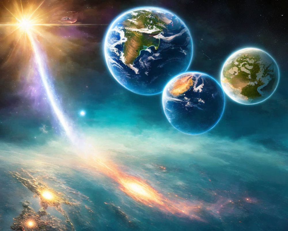 Three Earth Versions in Cosmic Space Scene
