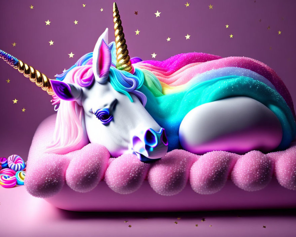 Colorful resting unicorn with golden horn on whimsical purple background
