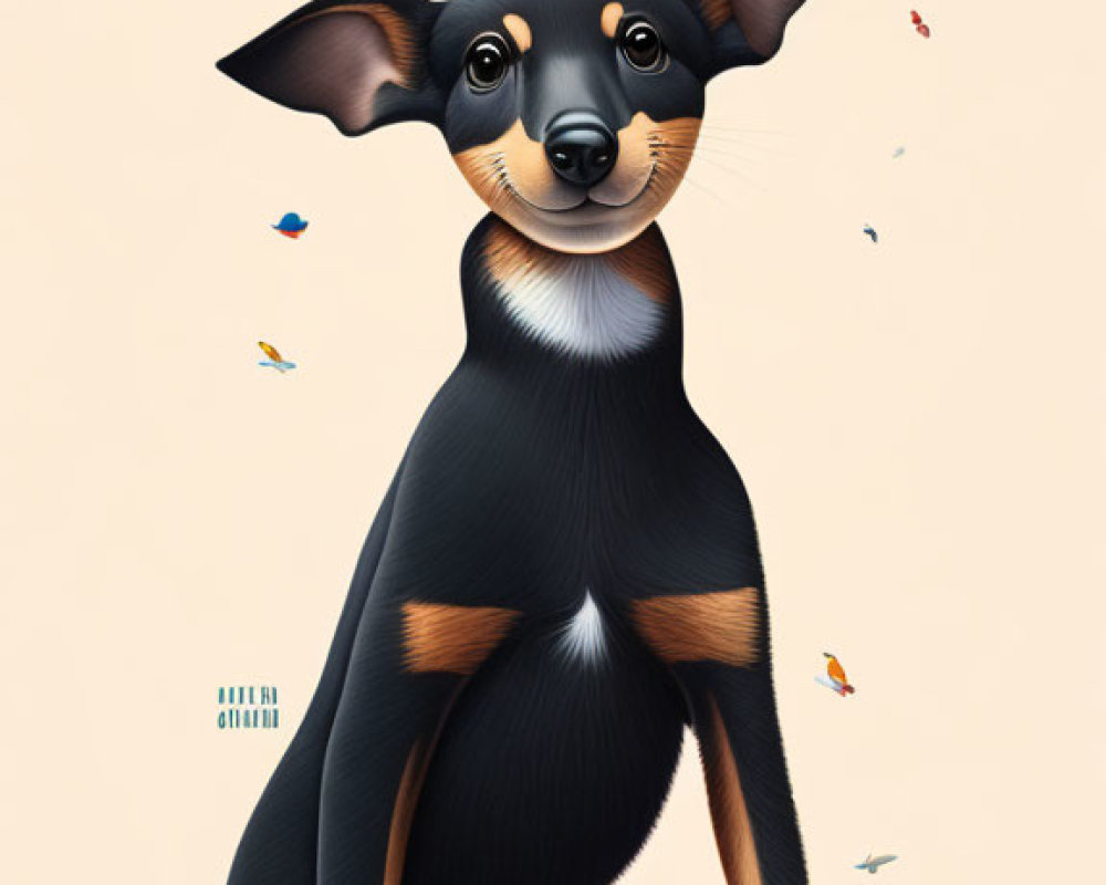 Stylized dog with exaggerated features surrounded by tiny objects and butterflies on beige background