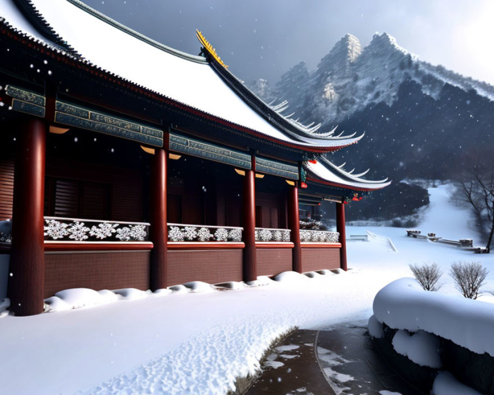 Snow-covered traditional Asian architecture with curved rooftops against mountain backdrop at night