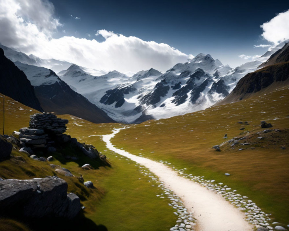 Scenic trail in lush valley with snowy mountains and dramatic sky