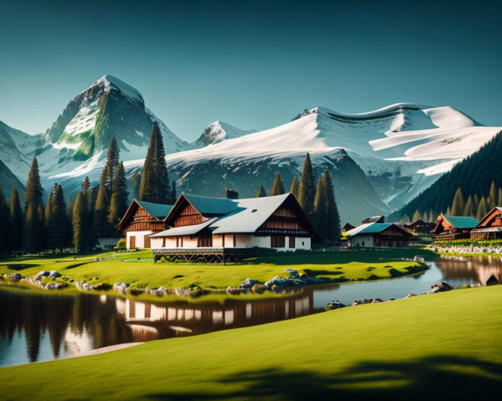 Scenic Alpine village with wooden chalets, lake, and snow-capped mountains