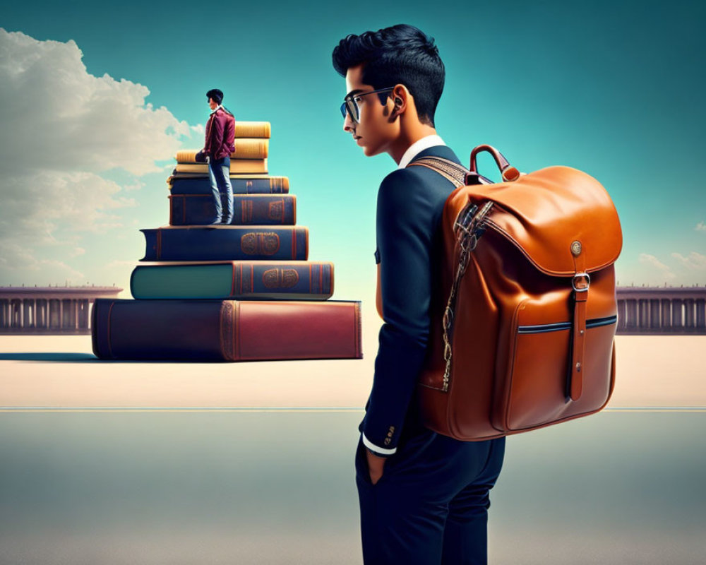 Person with Large Backpack Gazes at Giant Books with Another Figure on Top