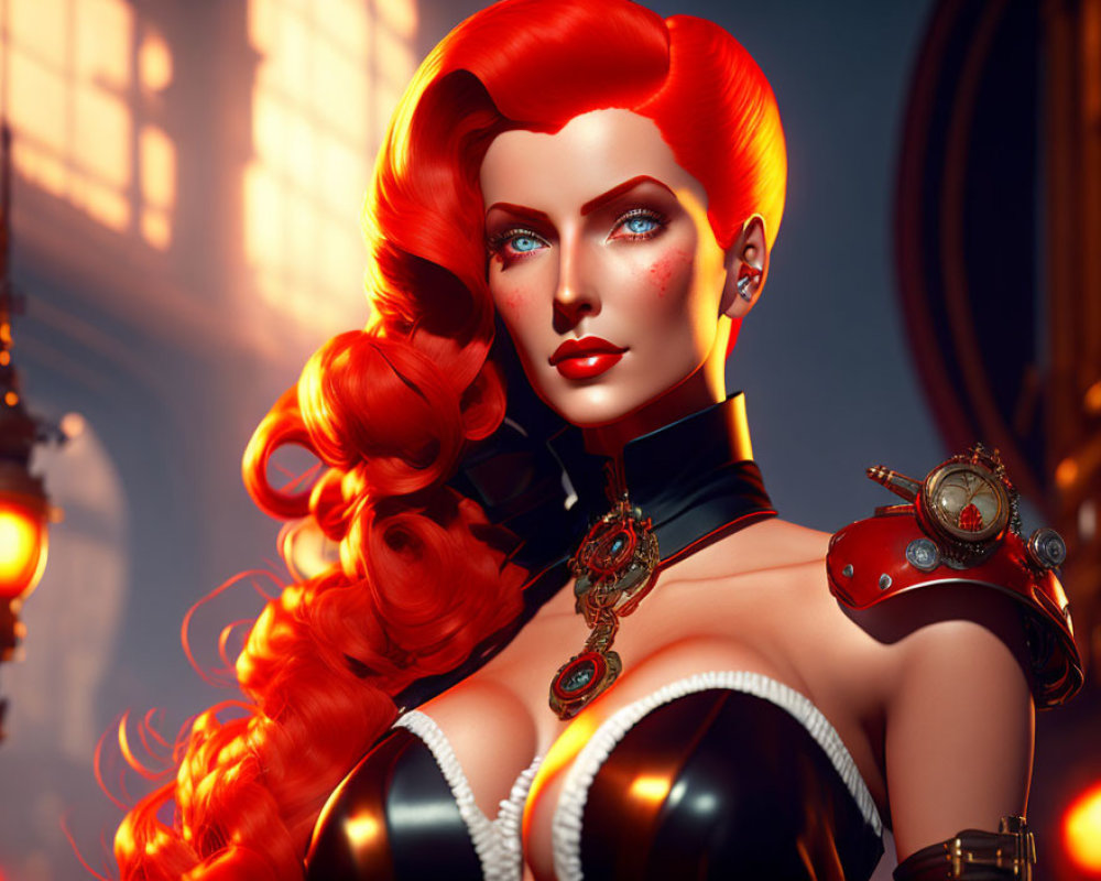 3D rendering of woman with red hair in steampunk attire