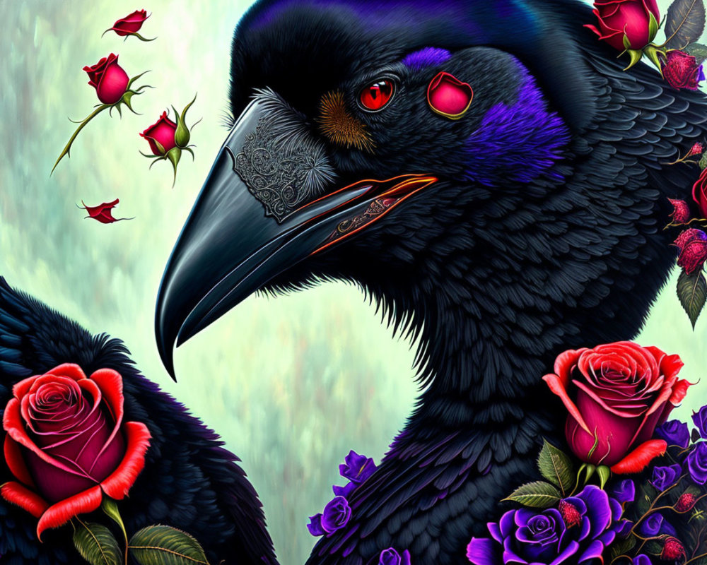 Detailed illustration of two ravens among red and purple roses with intense gaze and vibrant colors.