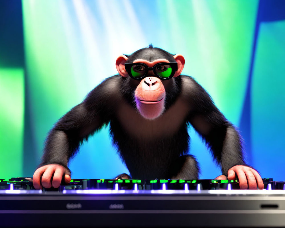 Colorful Stage Lights Illuminate Chimpanzee DJ with Sunglasses