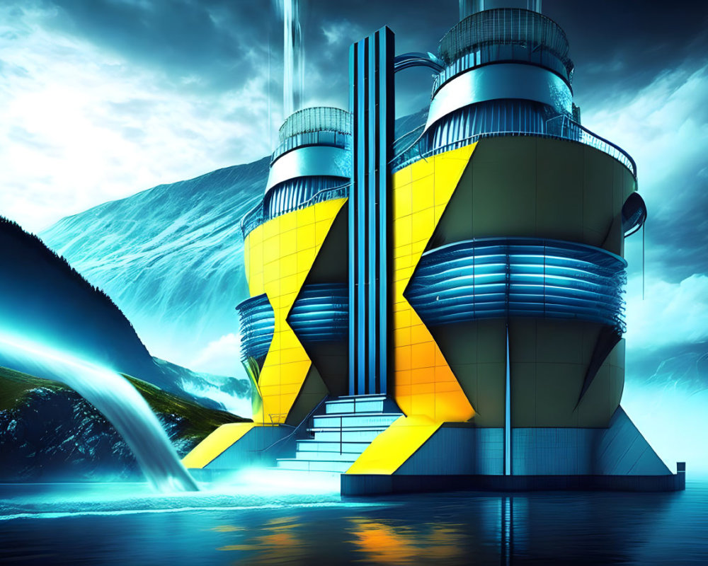 Futuristic building with metallic surfaces and yellow accents near waterfall & mountains