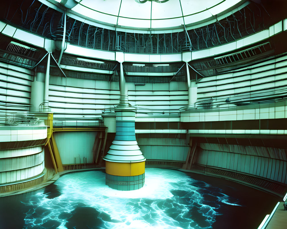 Futuristic power core room with blue electricity and tiered platforms