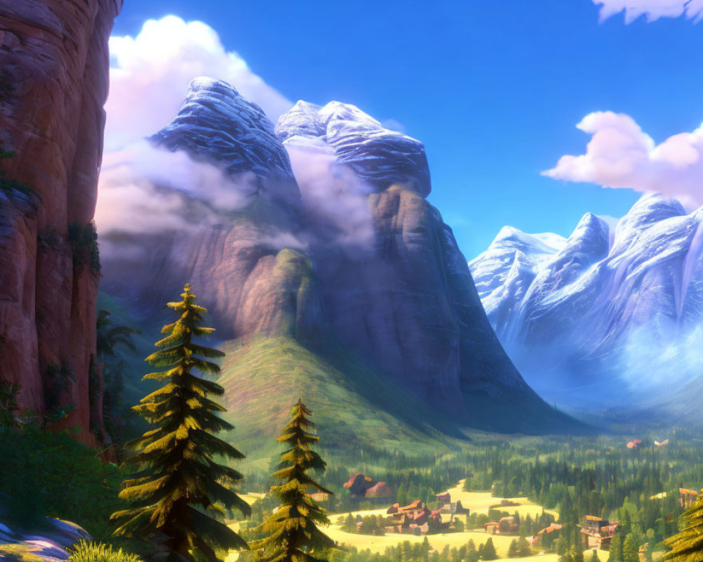 Snow-capped mountains and village in serene valley