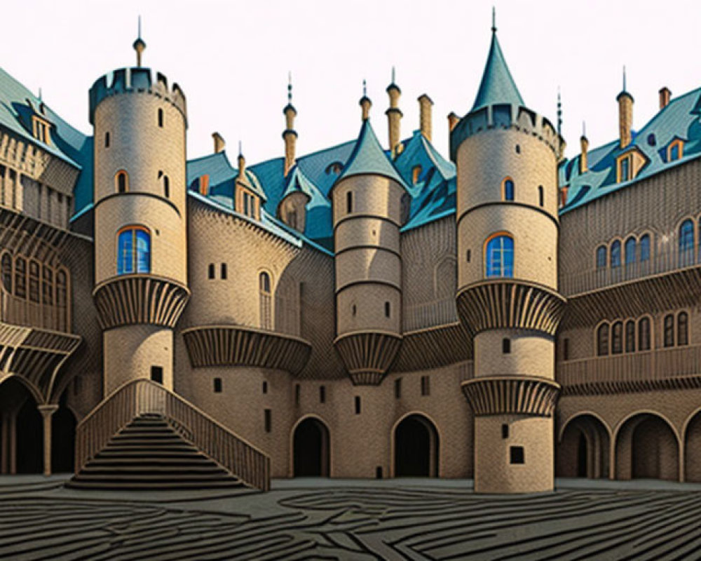 Detailed digital illustration of grand castle courtyard with high walls, circular towers, and intricate brickwork