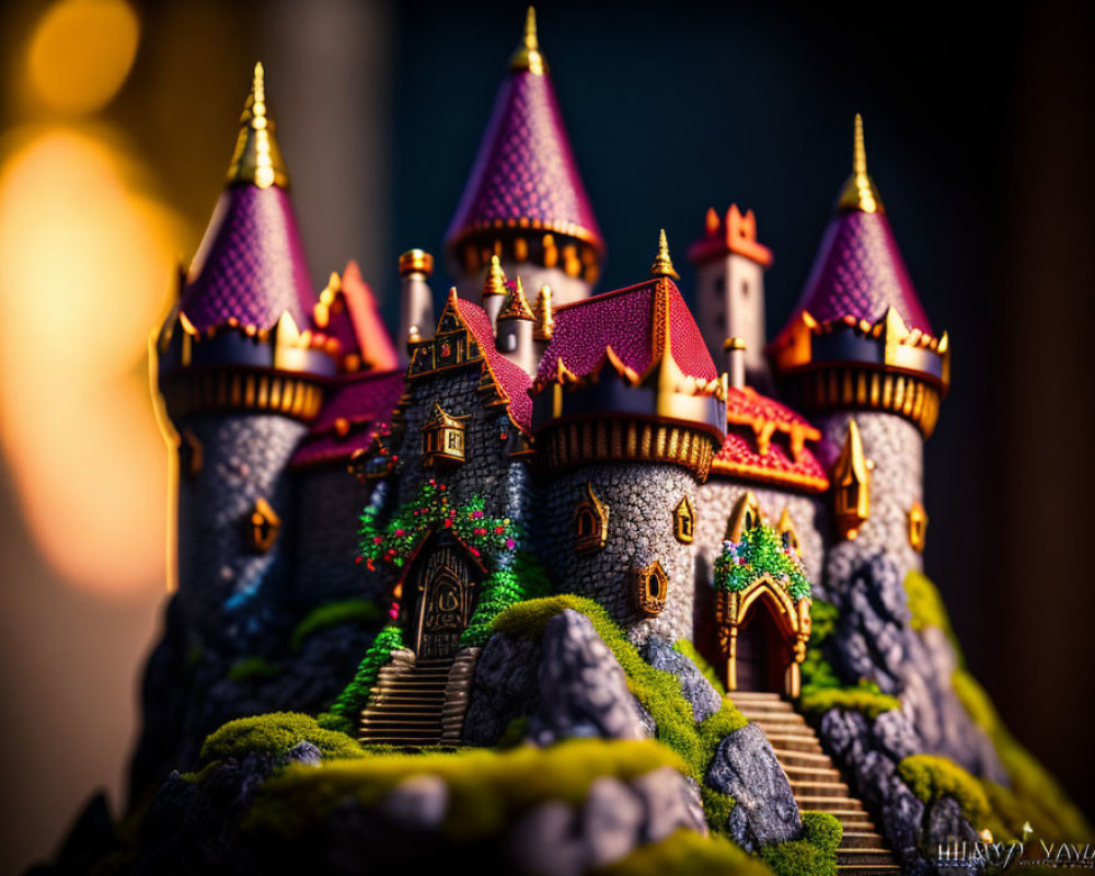 Miniature fairy tale castle with intricate details and vivid colors