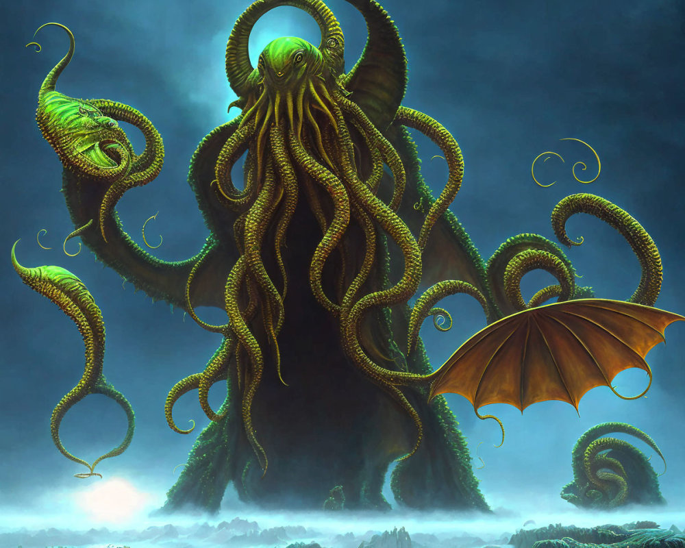 Surreal image: colossal tentacled creature with wing-like appendages rising from the sea