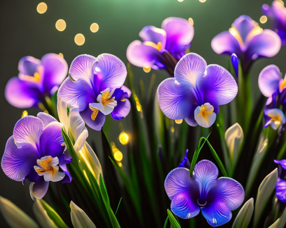 Purple iris flowers in bloom with yellow highlights on dark background.