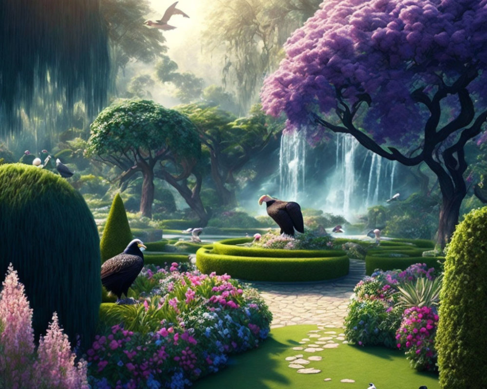 Lush garden with vibrant flowers, trimmed hedges, winding path, waterfall backdrop, and purple flowering