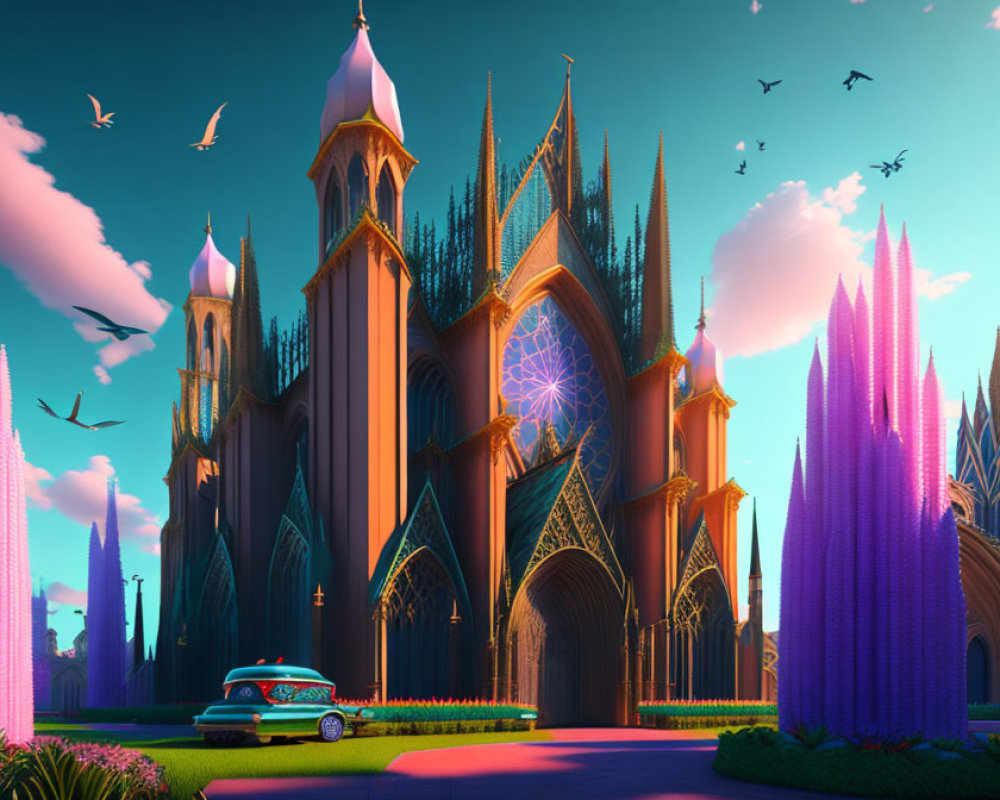 Vibrant illustration of gothic cathedral with spires, trees, car, and birds