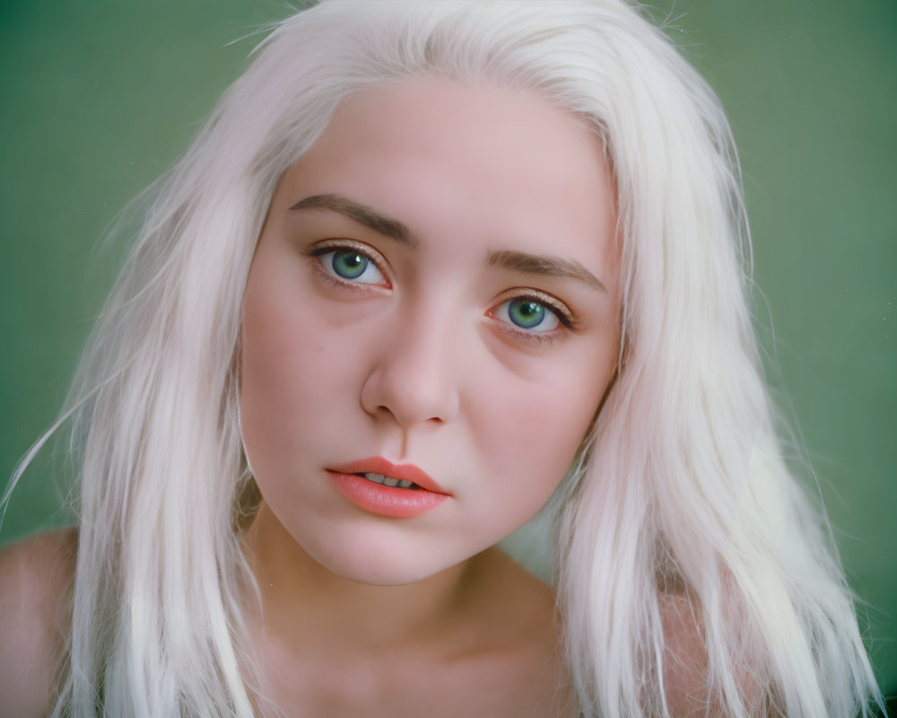 Portrait of a person with pale skin, white-blonde hair, and blue eyes on green background