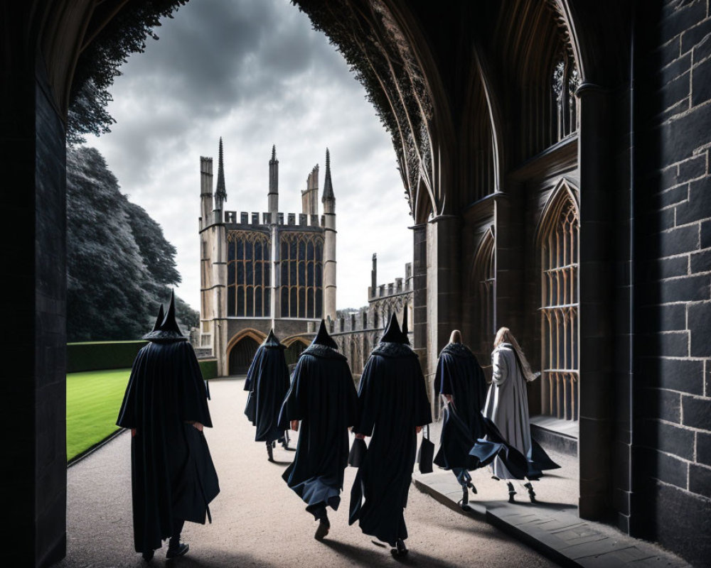 Academic Robed Figures in Gothic Archway at Historic Cloister