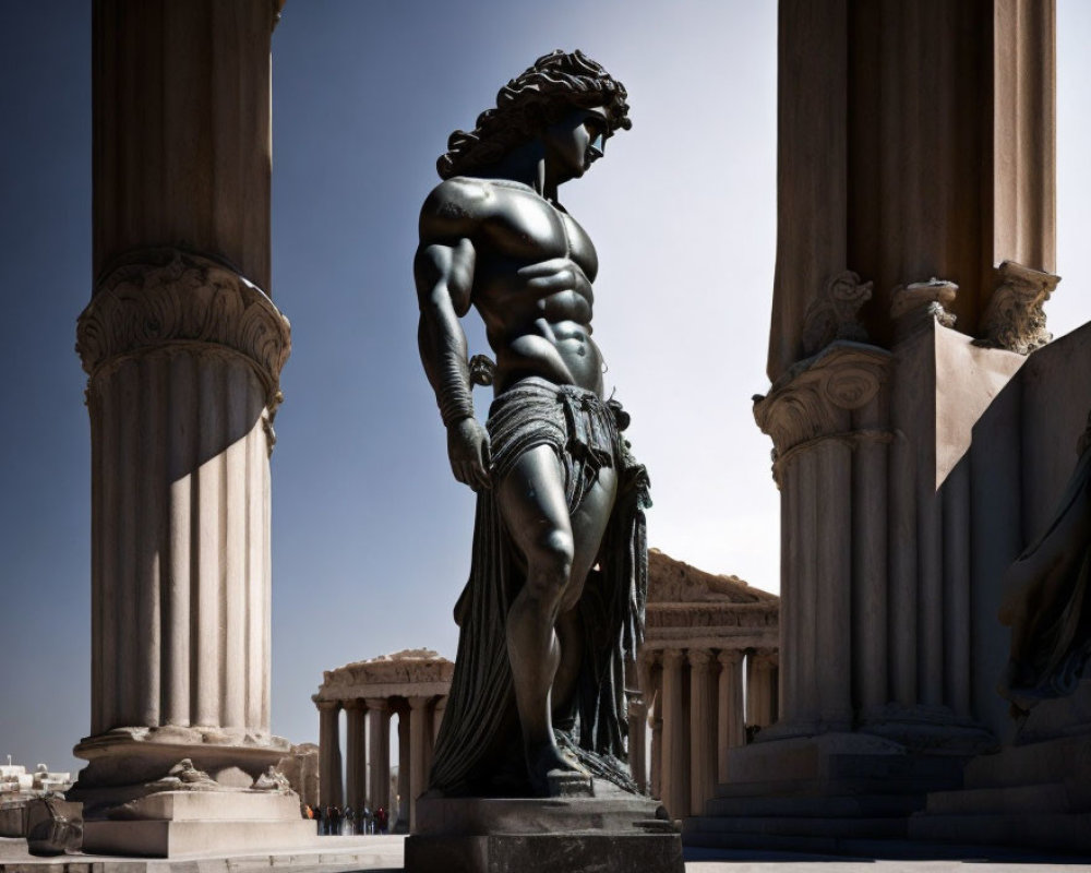 Muscular male figure in classical attire with flowing hair, set against columns.