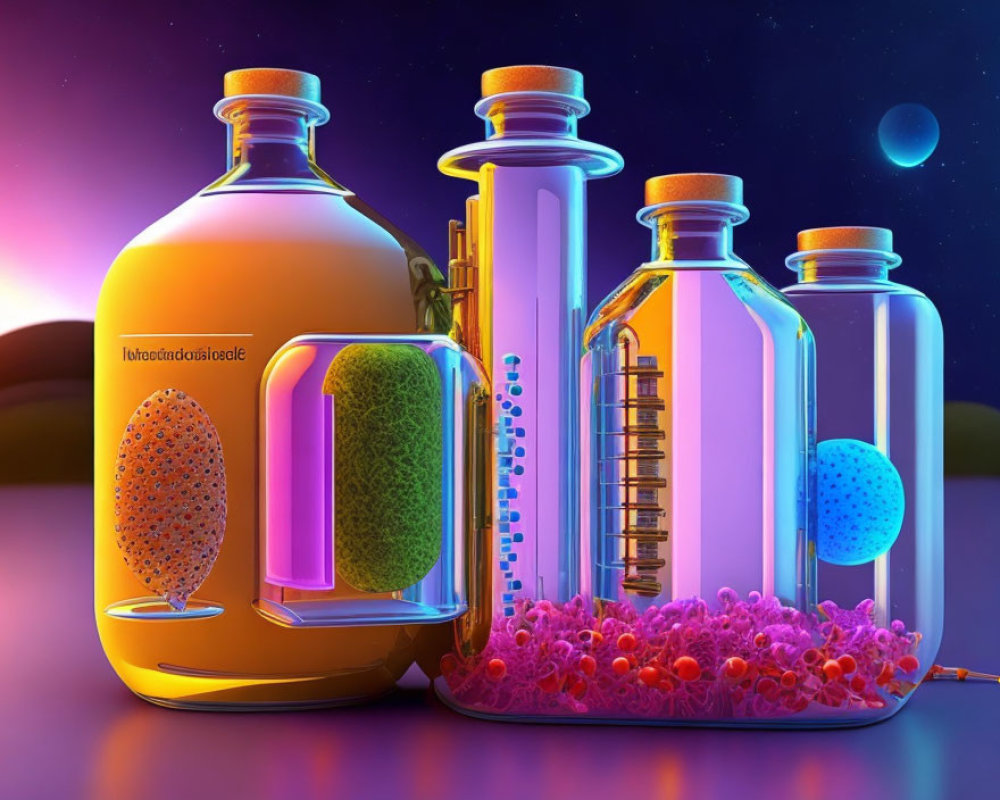 Vibrant Glowing Potion Bottles in Mystical Twilight Landscape