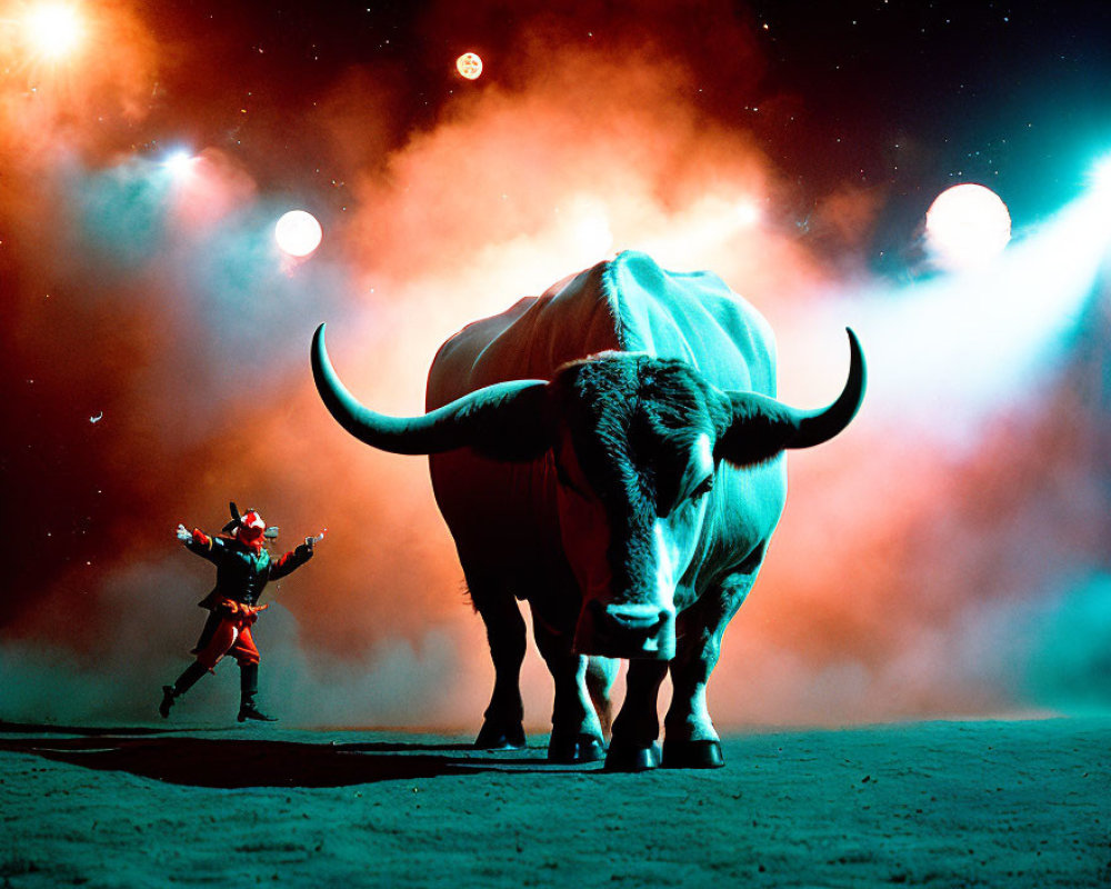 Traditional attire matador poses with bull in dramatic lighting.
