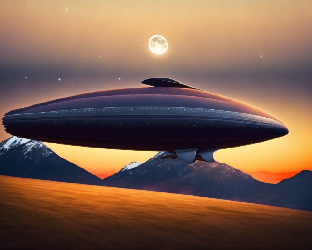 Unidentified Flying Object over Sunset Landscape with Mountains
