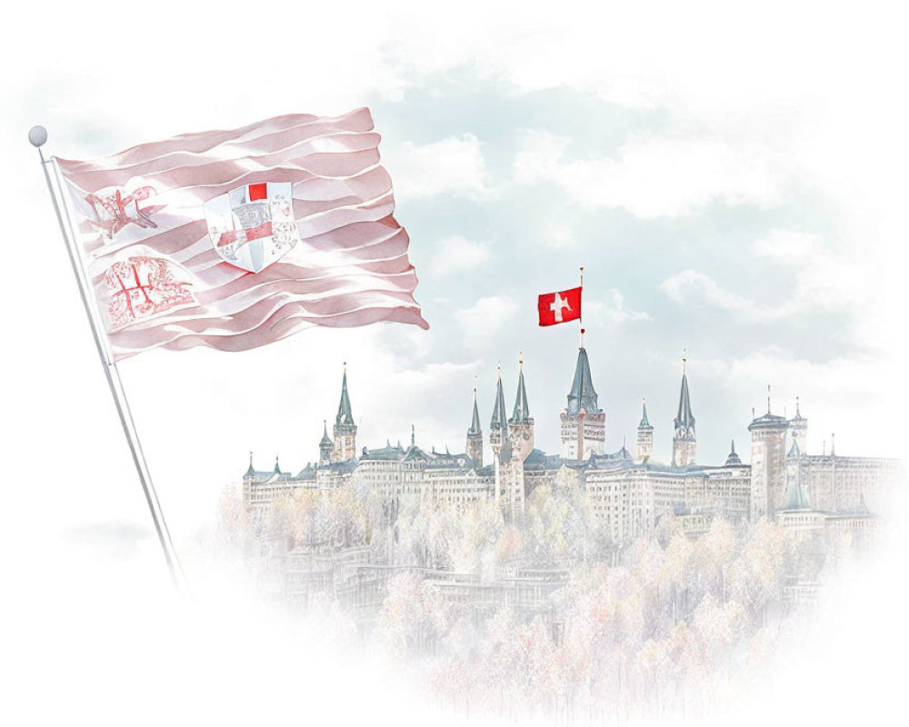Foggy Landscape with Castle and Flags in Foreground