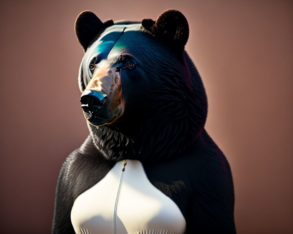 Stylized bear costume with realistic bear head mask on black and white body suit