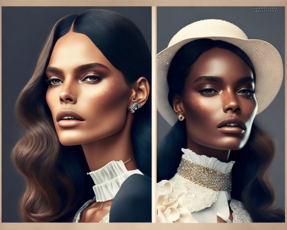 Stylized digital artwork featuring two portraits of a woman in elegant attire, one wearing a hat