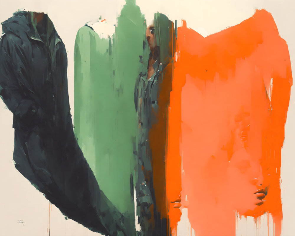 Colorful Abstract Artwork with Green and Orange Paint Strokes and Obscured Figure