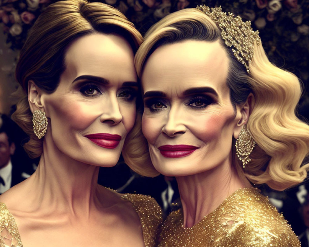 Stylized digital artwork of two identical women in golden gowns with elaborate hairstyles