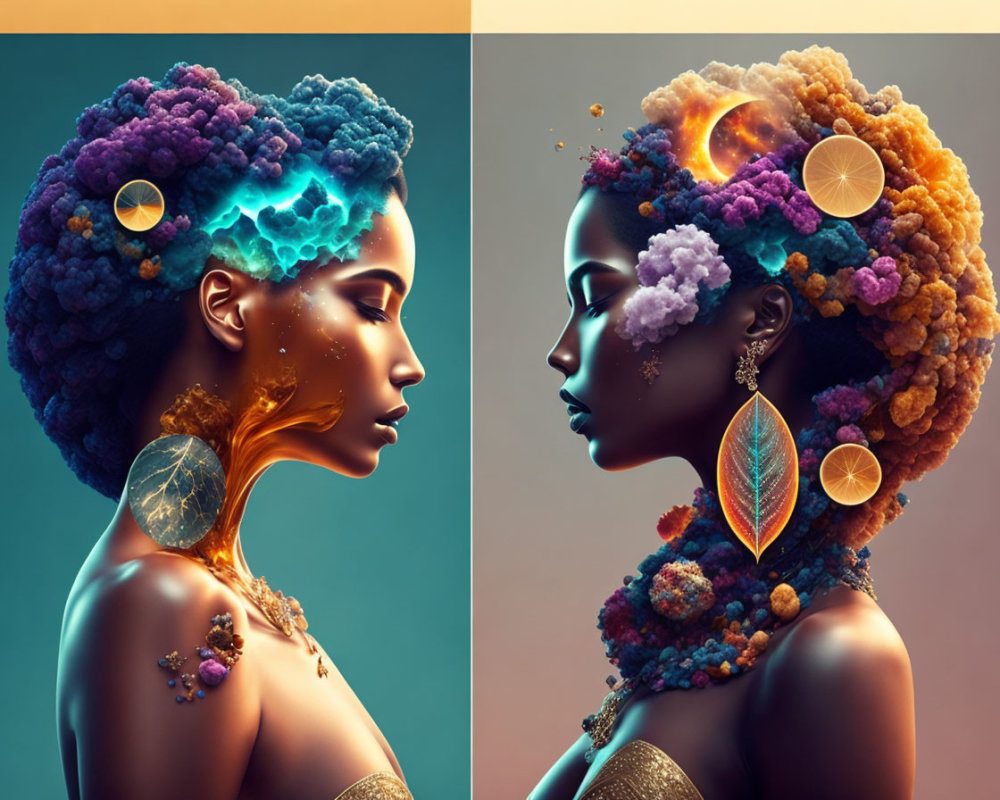 Profile view digital artwork: Woman with Afro of clouds, planets, celestial elements in warm & cool colors