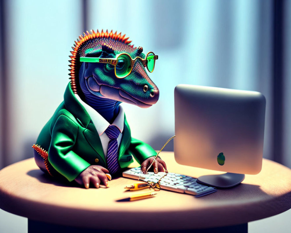 Anthropomorphic iguana in business attire typing at desk with computer and pencils