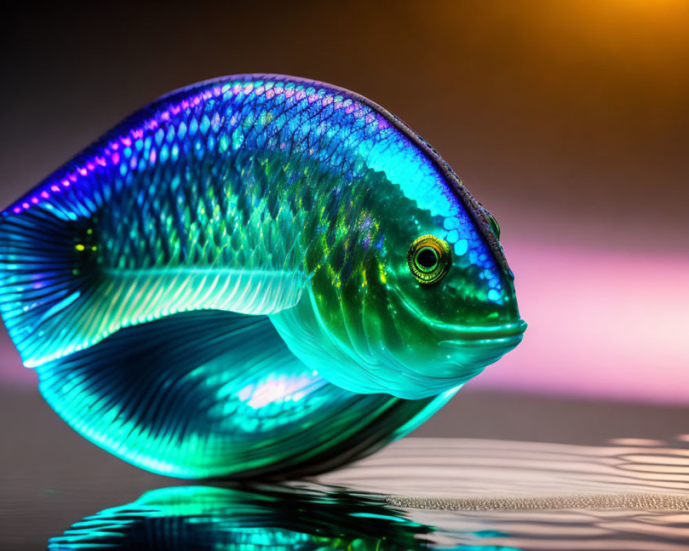 Iridescent Fish Reflecting on Pink and Orange Water Surface
