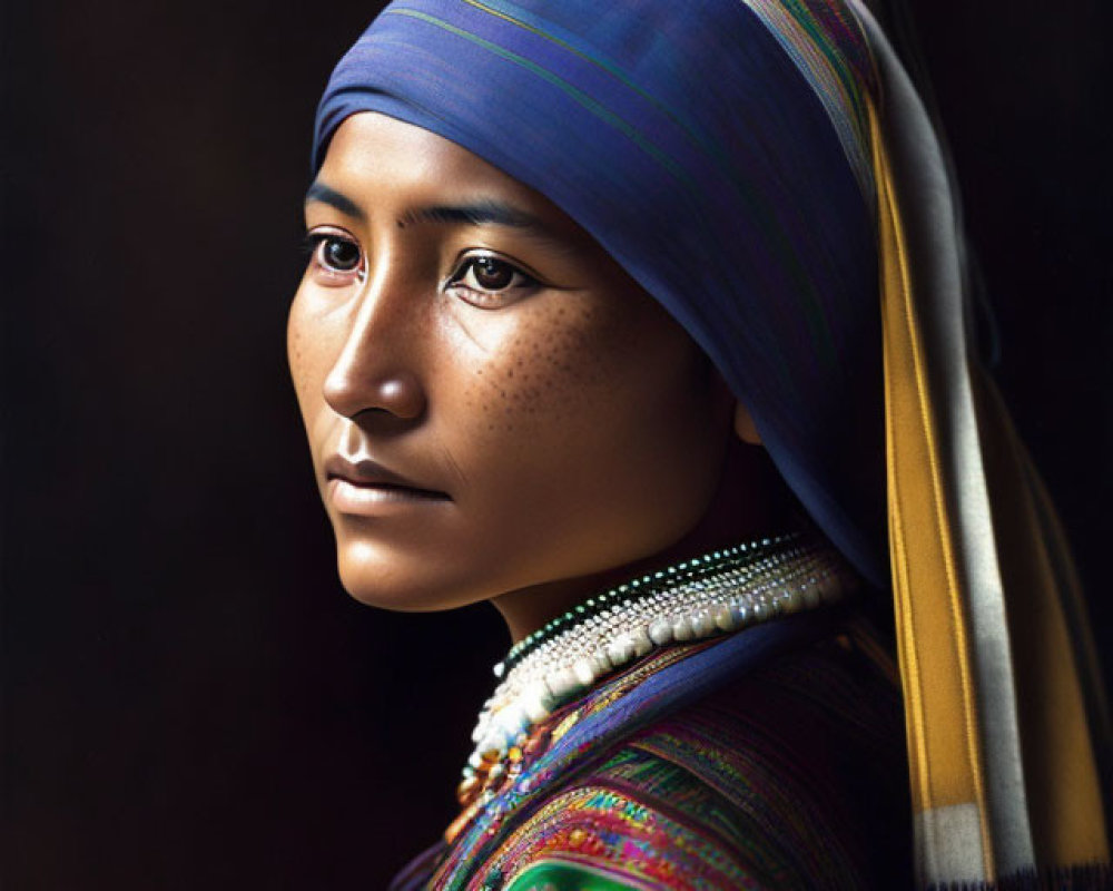 Traditional attire woman with colorful headscarf in soft glow against dark background