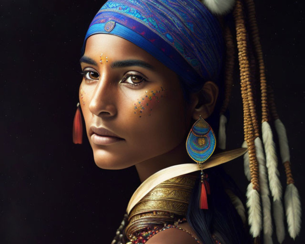 Woman in traditional tribal attire with blue headscarf and beaded jewelry