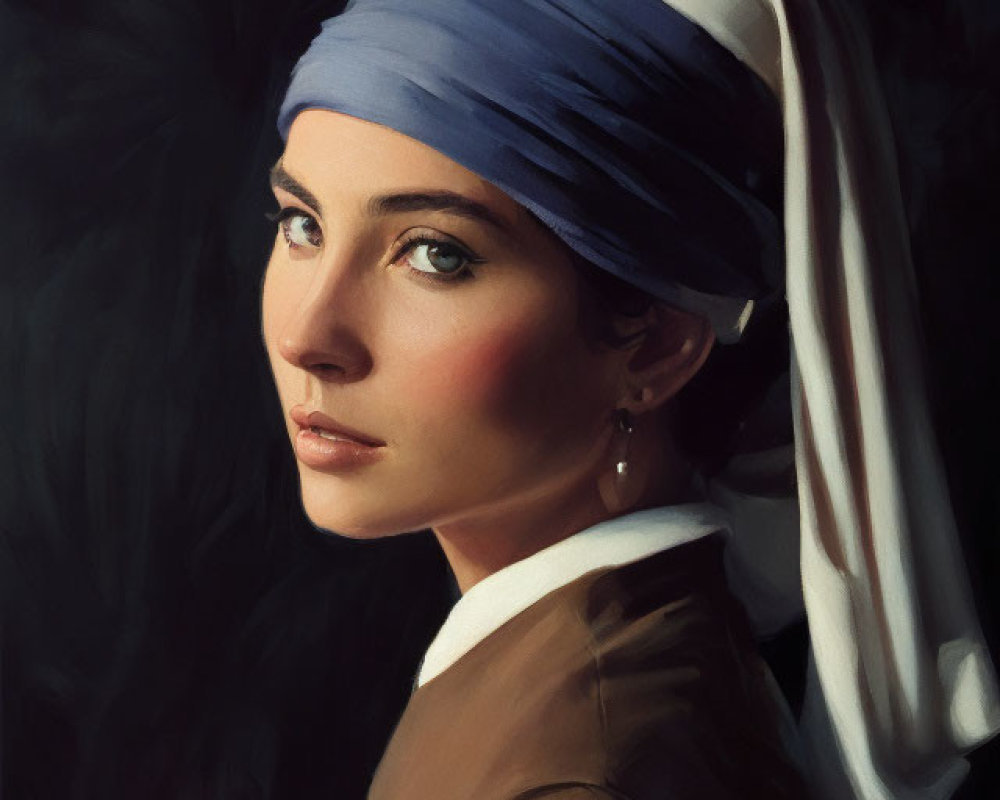 Woman with Blue Headscarf and Pearl Earring Portrait.