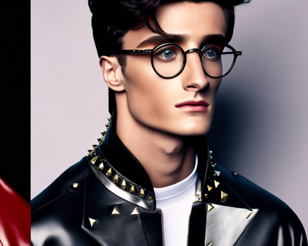 Man with Styled Hair and Round Glasses in Black Leather Jacket with Golden Spikes
