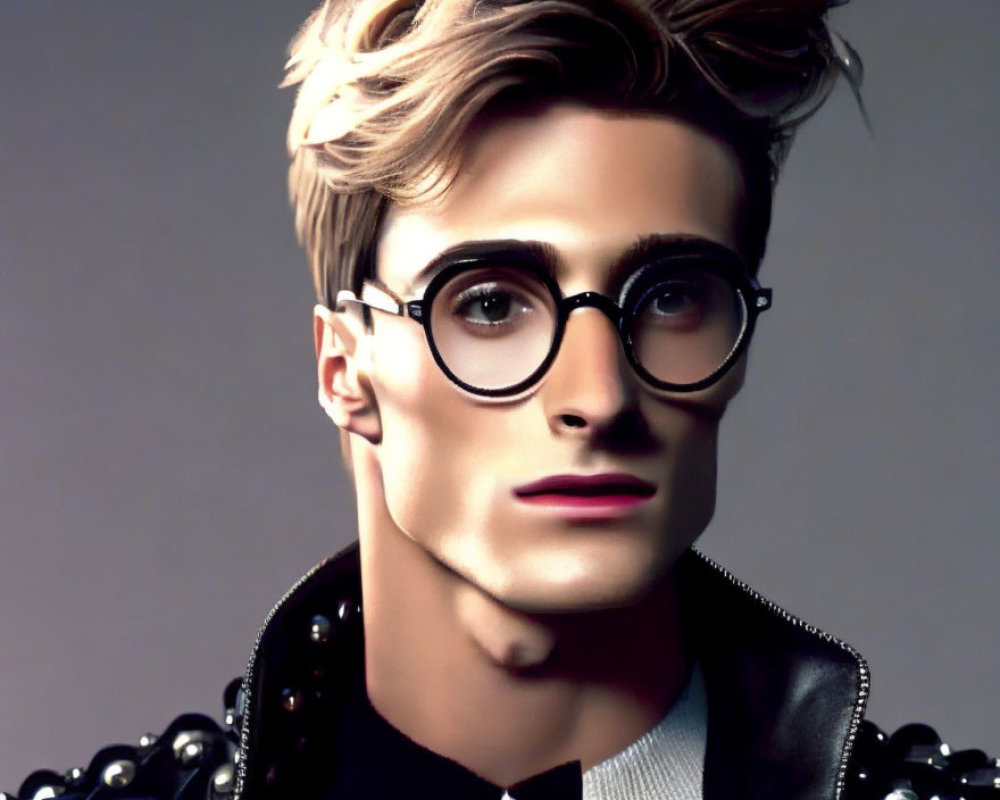 Blond man in round glasses and studded leather jacket