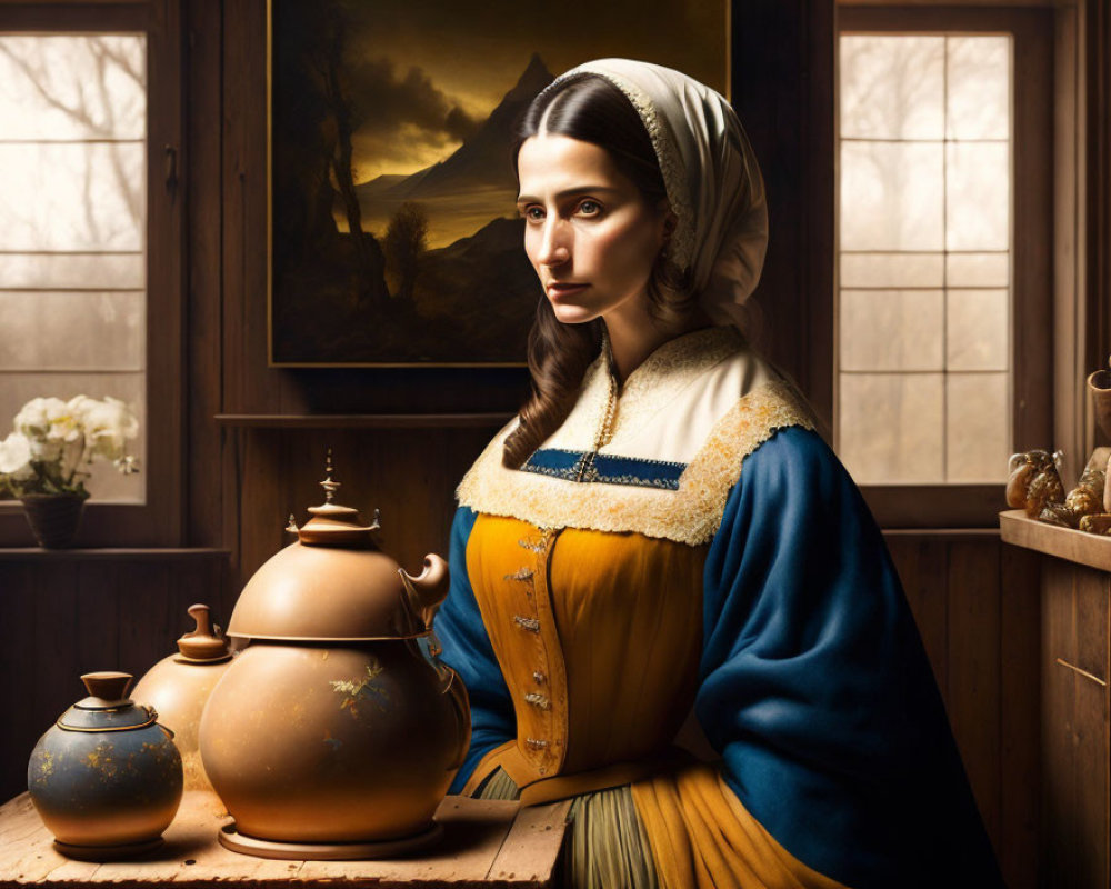 Historical woman in white headdress and blue dress by teapot near window with landscape painting