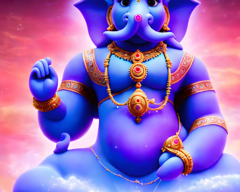 Vibrant Hindu deity Ganesha in blue, gold jewelry, pink and purple sky