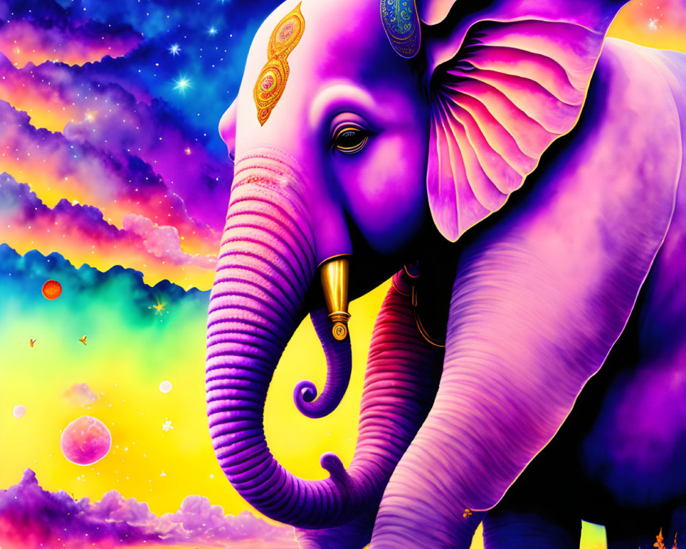 Colorful Purple Elephant with Golden Adornments in Fantastical Landscape