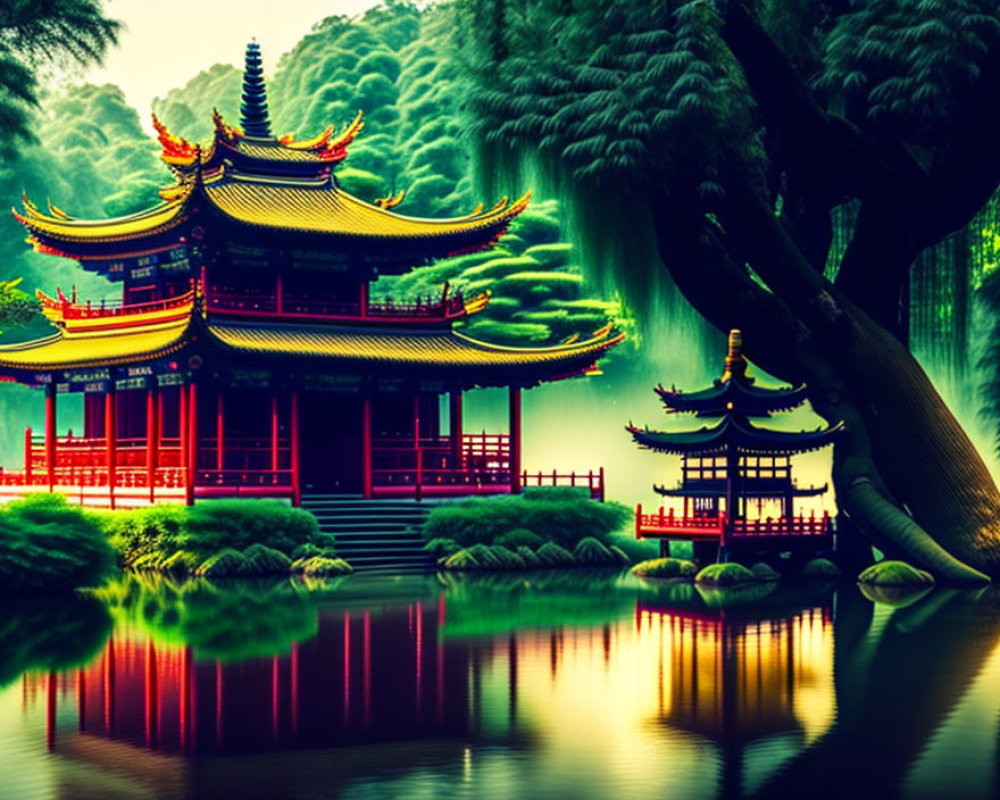 Traditional Asian Temple by Calm Lake Surrounded by Lush Greenery