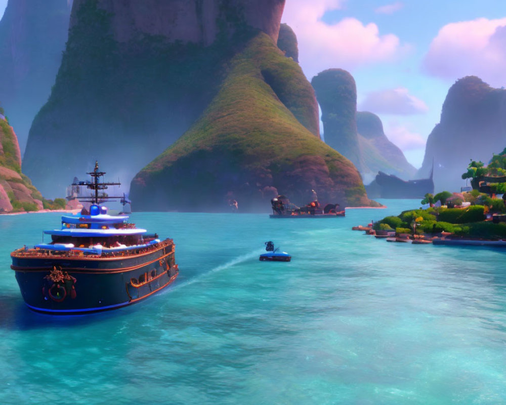 Colorful seascape with ornate ship, small boats, green cliffs, pink sky