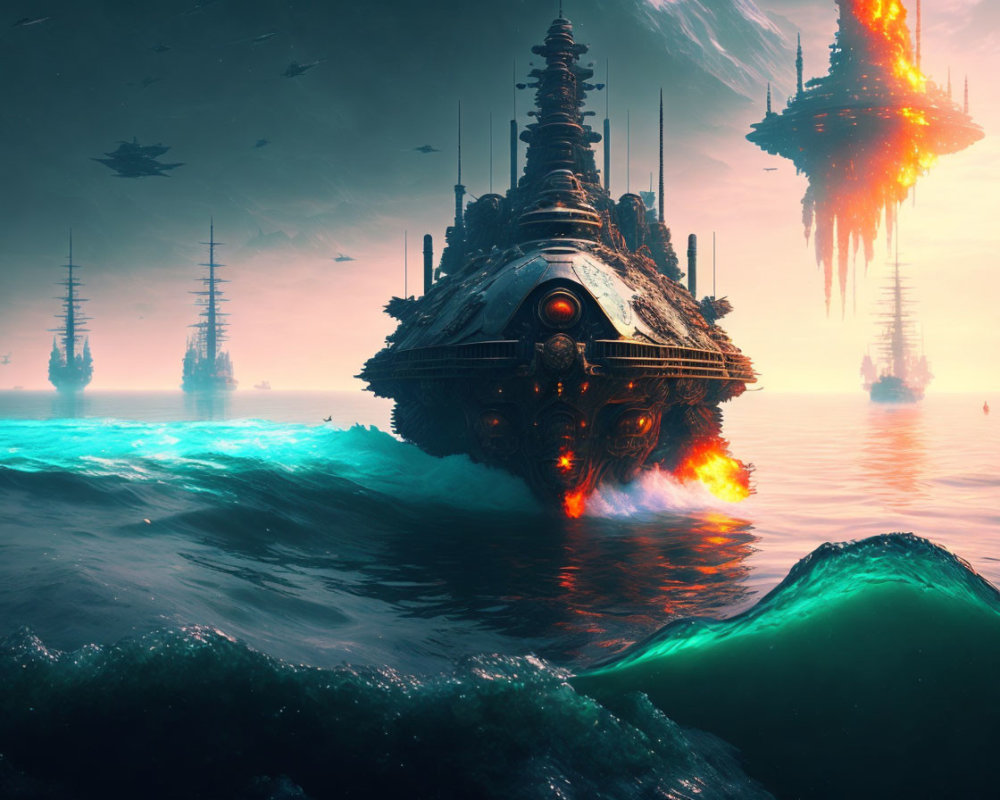 Futuristic ships on choppy sea at twilight with fire propulsion