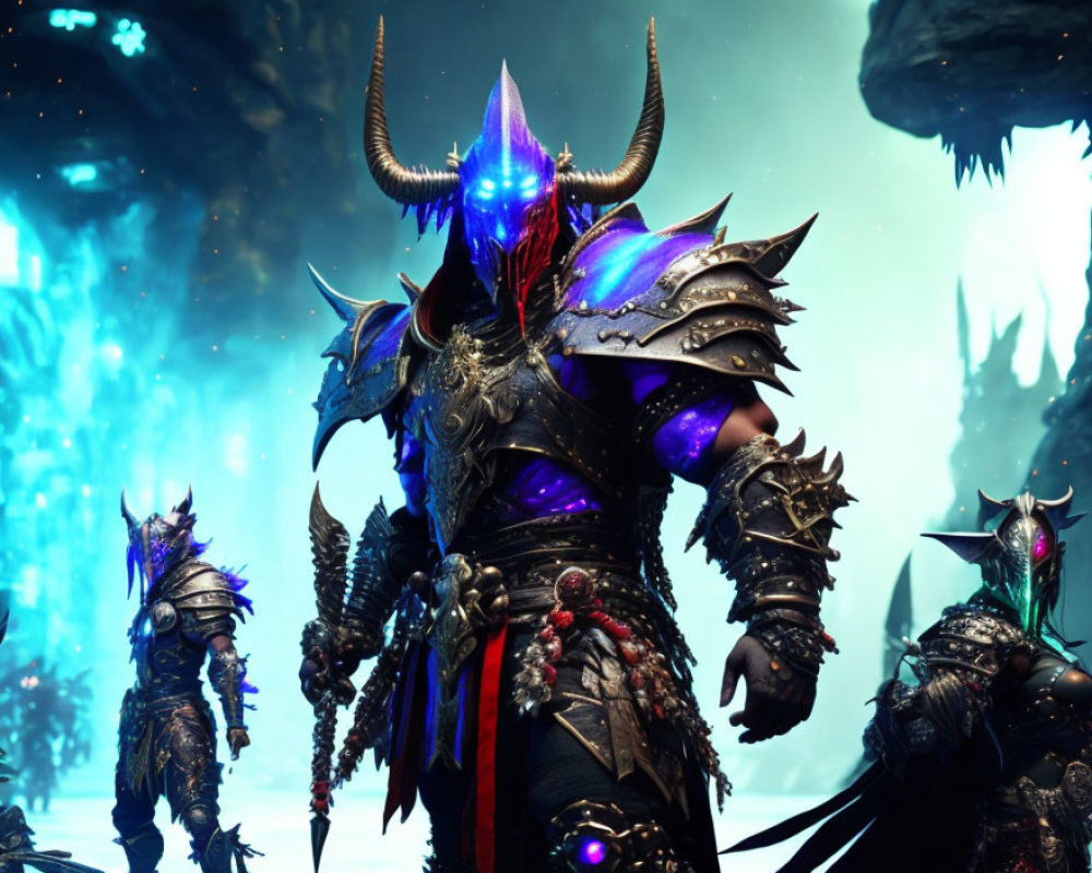 Menacing figure in ornate armor with glowing blue eyes and horns under eerie blue light.