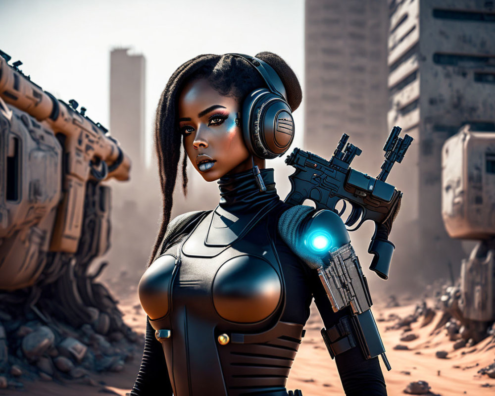 Female android with glowing blue elements in dystopian cityscape with rifle