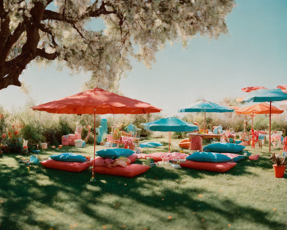 Colorful Umbrellas and Picnic Setups in Serene Outdoor Setting